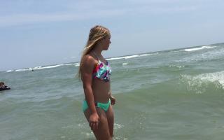13yo Blonde teen in light green OP bikini bottoms