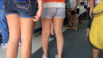 White teen in grey shorts wedgie ass candid