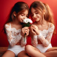 Cute girls smelling flowers